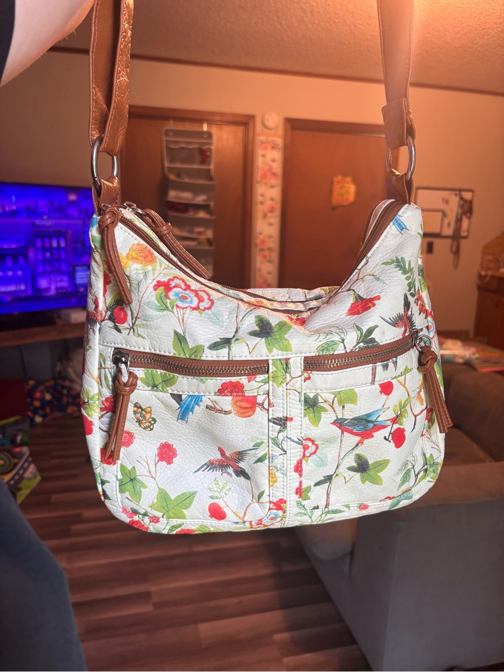 Bueno White Floral & Bird Shoulder Bag with Brown Trim